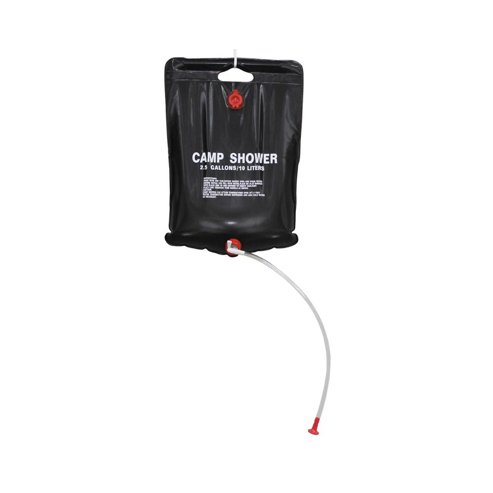 Douche solaire noire de 10L de la marque MFH, capable de chauffer l'eau jusqu'à 60° grâce à l'énergie solaire, compacte et légère avec un poids de 350g, équip